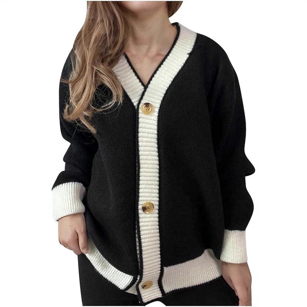 Damen lässige Strickjacke mit kontrastierenden Bündchen und dezenter Knopfleiste Sovae