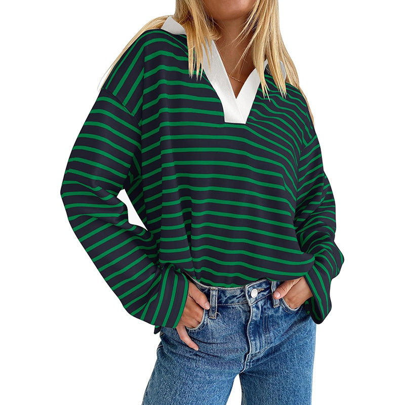 Damen Lässiger und modischer Pullover mit breiten Streifen und V-Ausschnitt Sovae