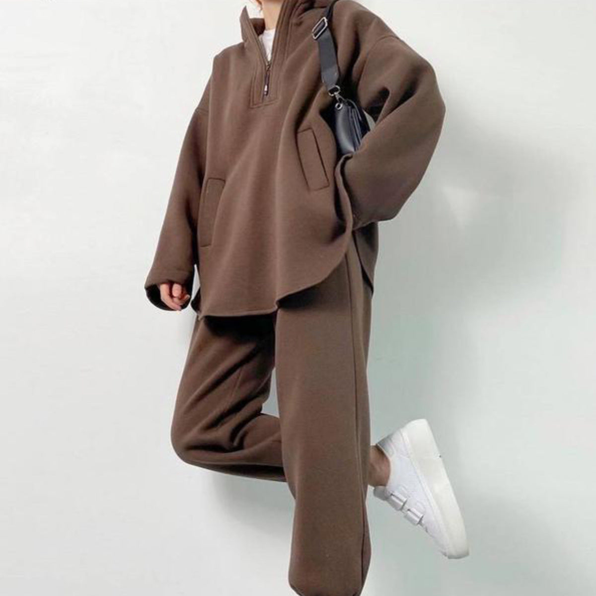 Damen Fleece-Kapuzenpullover mit Zip und Jogginghose Set Sovae