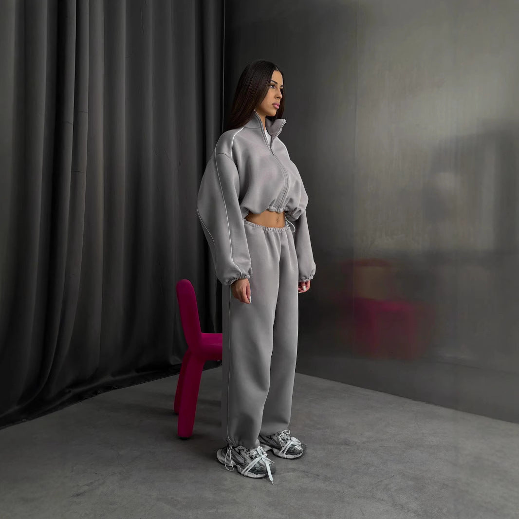 Damen oversized Sweatjacke mit hohem Kragen und elastischer Bundhose Sovae