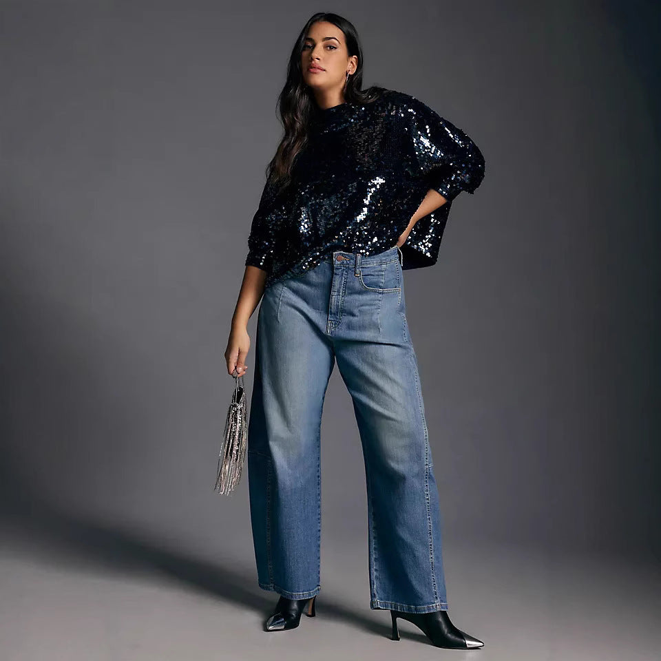 Damen Weit geschnittene High-Waist Jeans mit modischem Detail Sovae