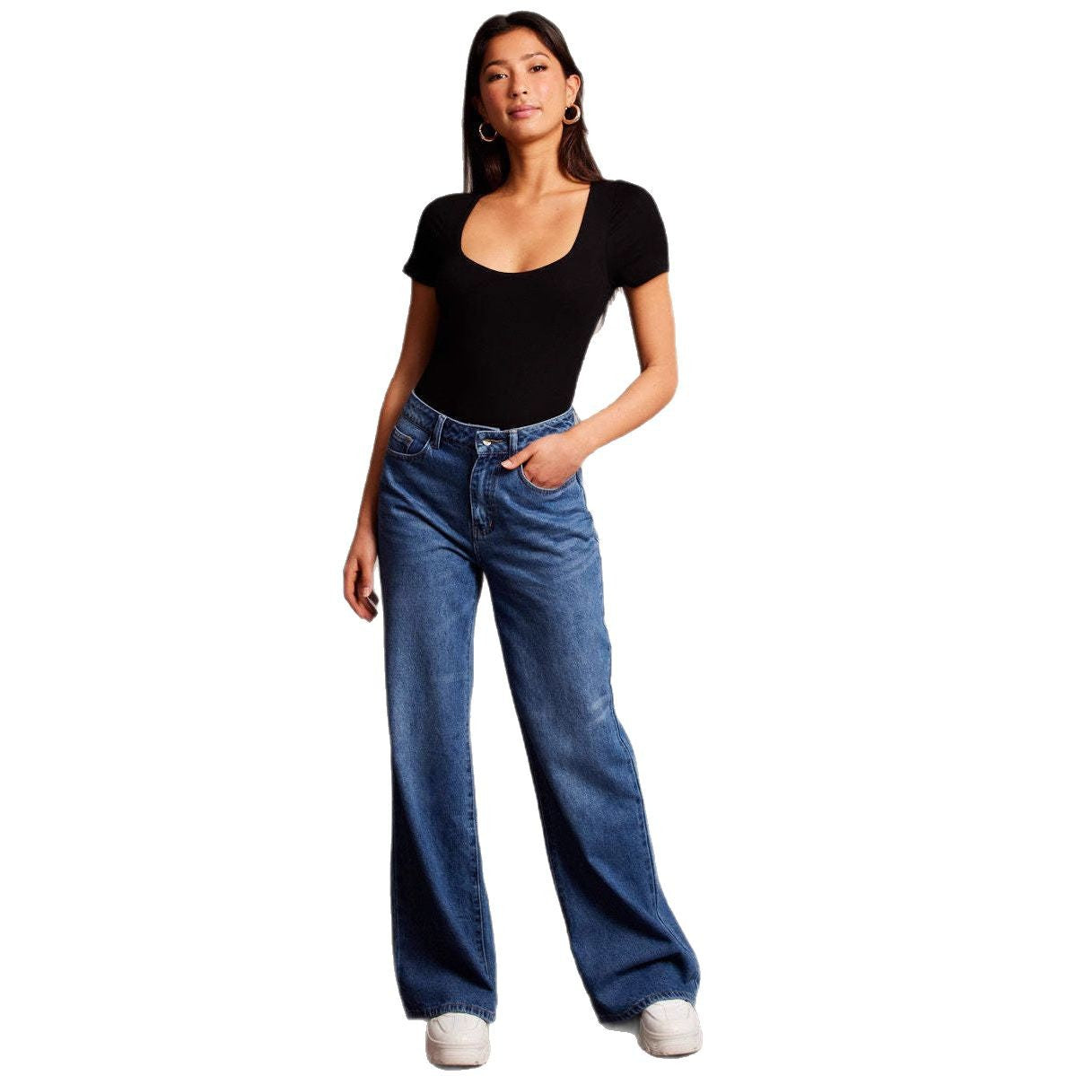 Damen Weite Denim-Hosen mit hohem Bund Sovae