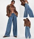 Damen Weite High-Waist Jeans mit Falten Sovae