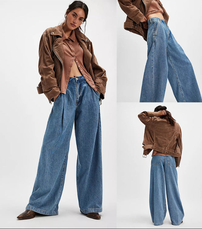 Damen Weite High-Waist Jeans mit Falten Sovae