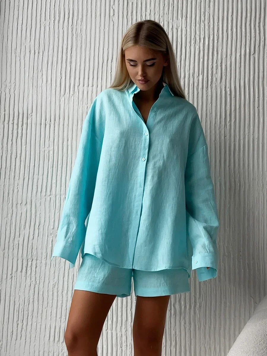 Damen lässige Leinenbluse und Shorts Set Sovae