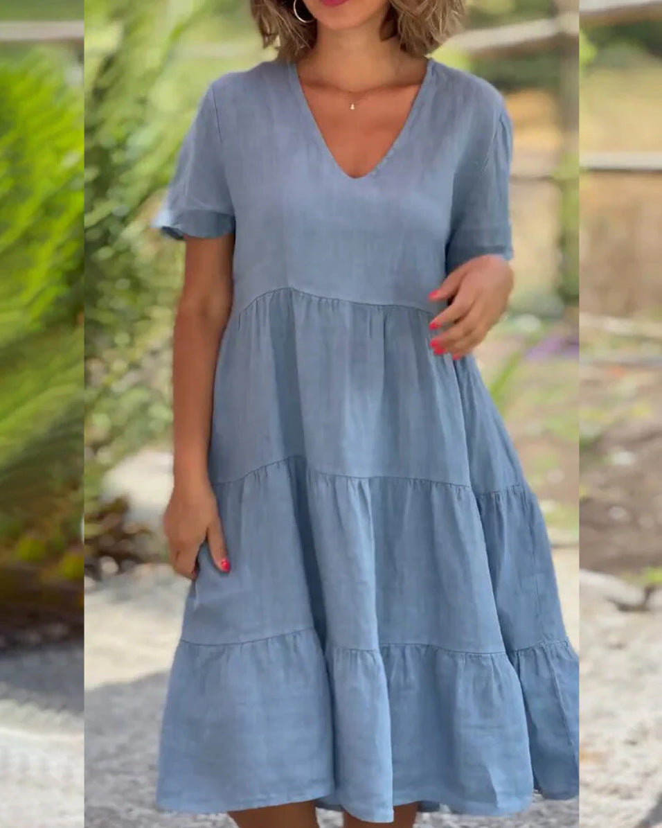 Damen luftiges V-Ausschnitt Kleid mit schwingendem Saum Sovae