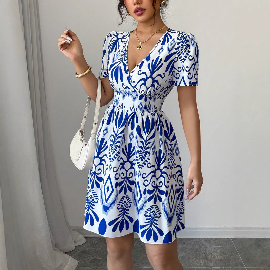 Damen Maxikleid mit floralen Mustern und tiefem V-Ausschnitt Sovae