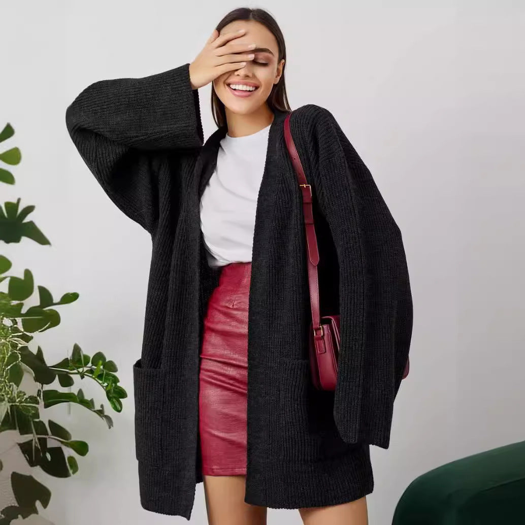 Damen Großer Strickcardigan mit voluminösen Ärmeln und praktischen Taschen Sovae