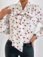 Damen Bluse mit Schleifenkragen und Herzmuster Sovae