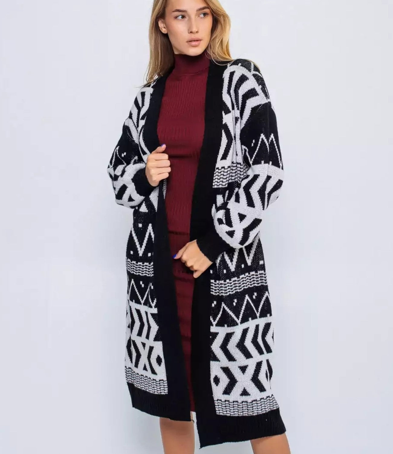 Damen Langer Strickcardigan mit geometrischem Muster und lässigem Schnitt Sovae