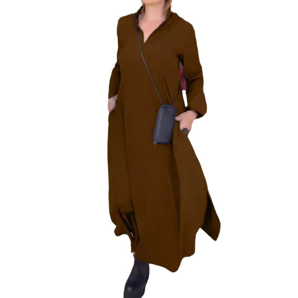 Damen lässiges Midi-Kleid mit praktischen Taschen und hoher Kragen Sovae