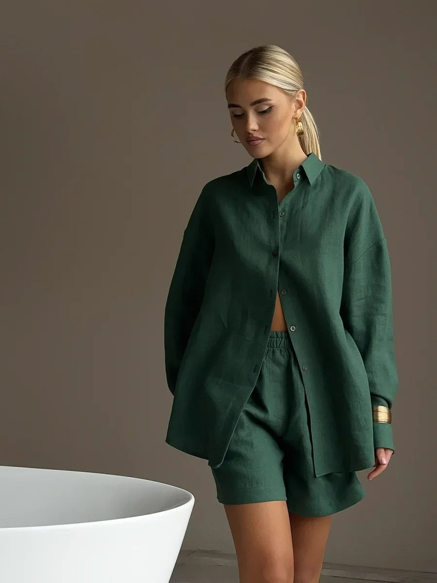 Damen lässige Leinenbluse und Shorts Set Sovae