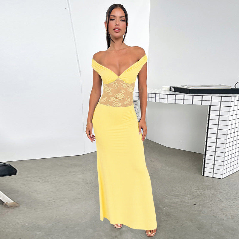 Damen elegantes Maxikleid mit Off-Shoulder Design und floralem Spitzeneinsatz Sovae