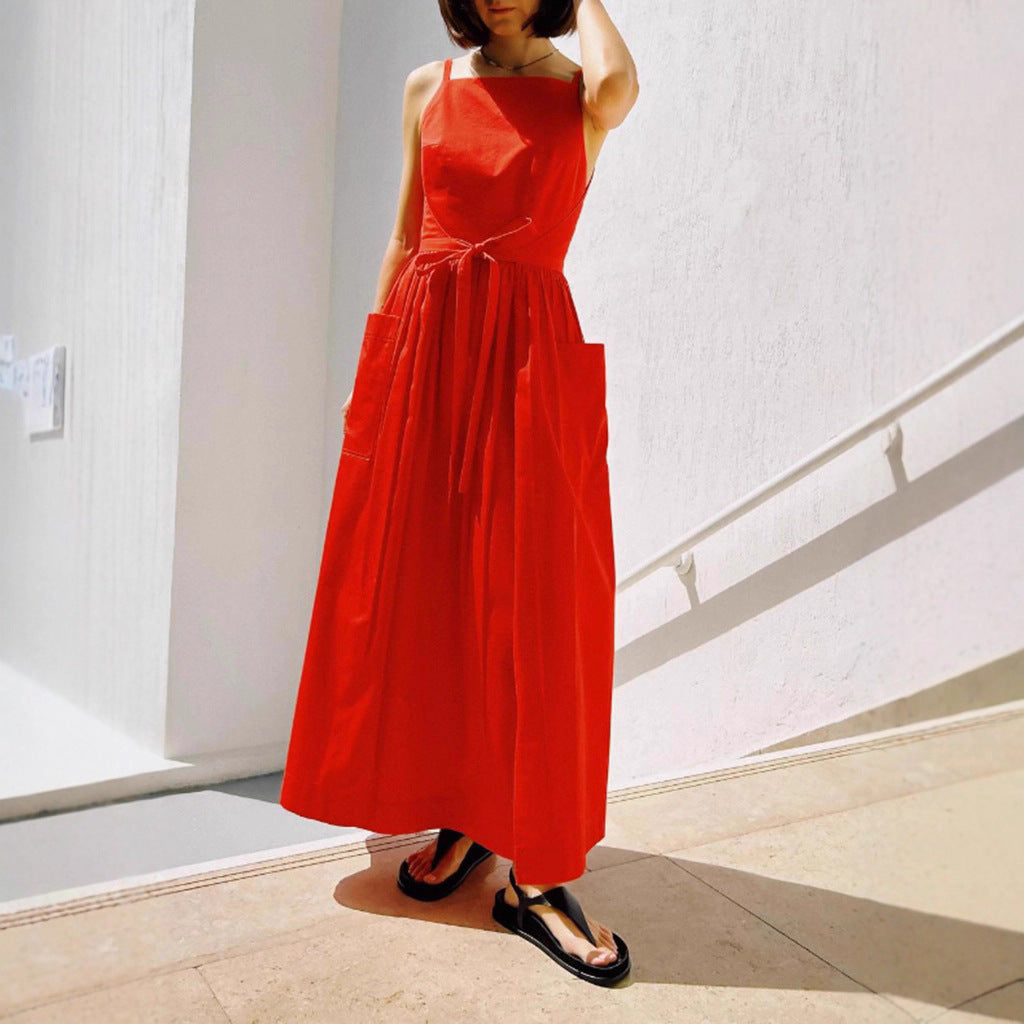 Damen Maxikleid mit Seitentaschen und bindbarem Gürtel Sovae