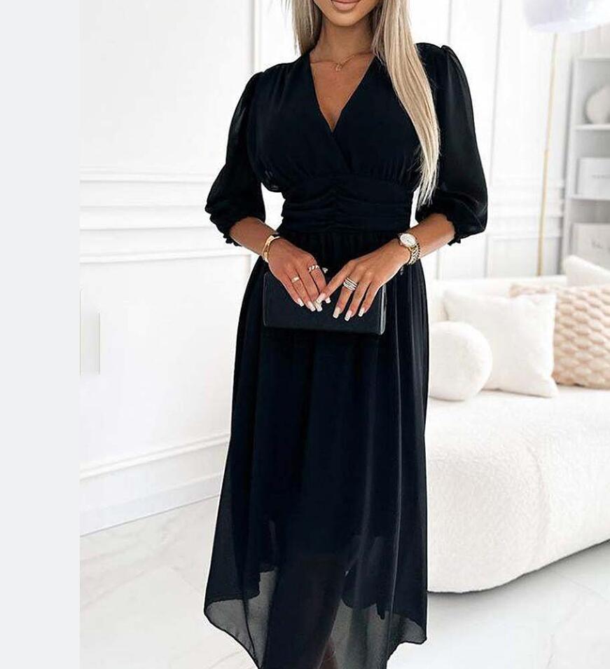 Damen Midikleid mit raffiniertem V-Ausschnitt und Puffärmeln Sovae