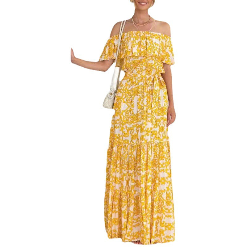 Damen Off-Shoulder Maxikleid mit floralem Muster und elastischem Taillengürtel Sovae