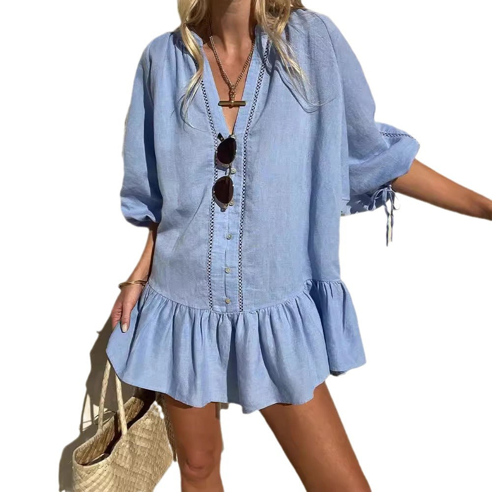 Damen lässiges Strandkleid mit dekorativen Knöpfen und Rüschendetail Sovae