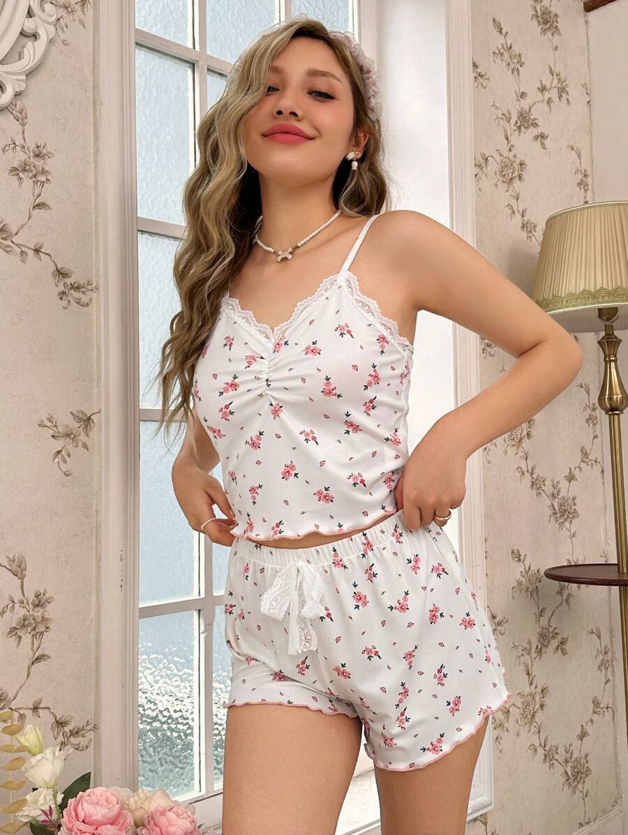 Damen Schlafshorts-Set mit Spitze und floralem Muster Sovae