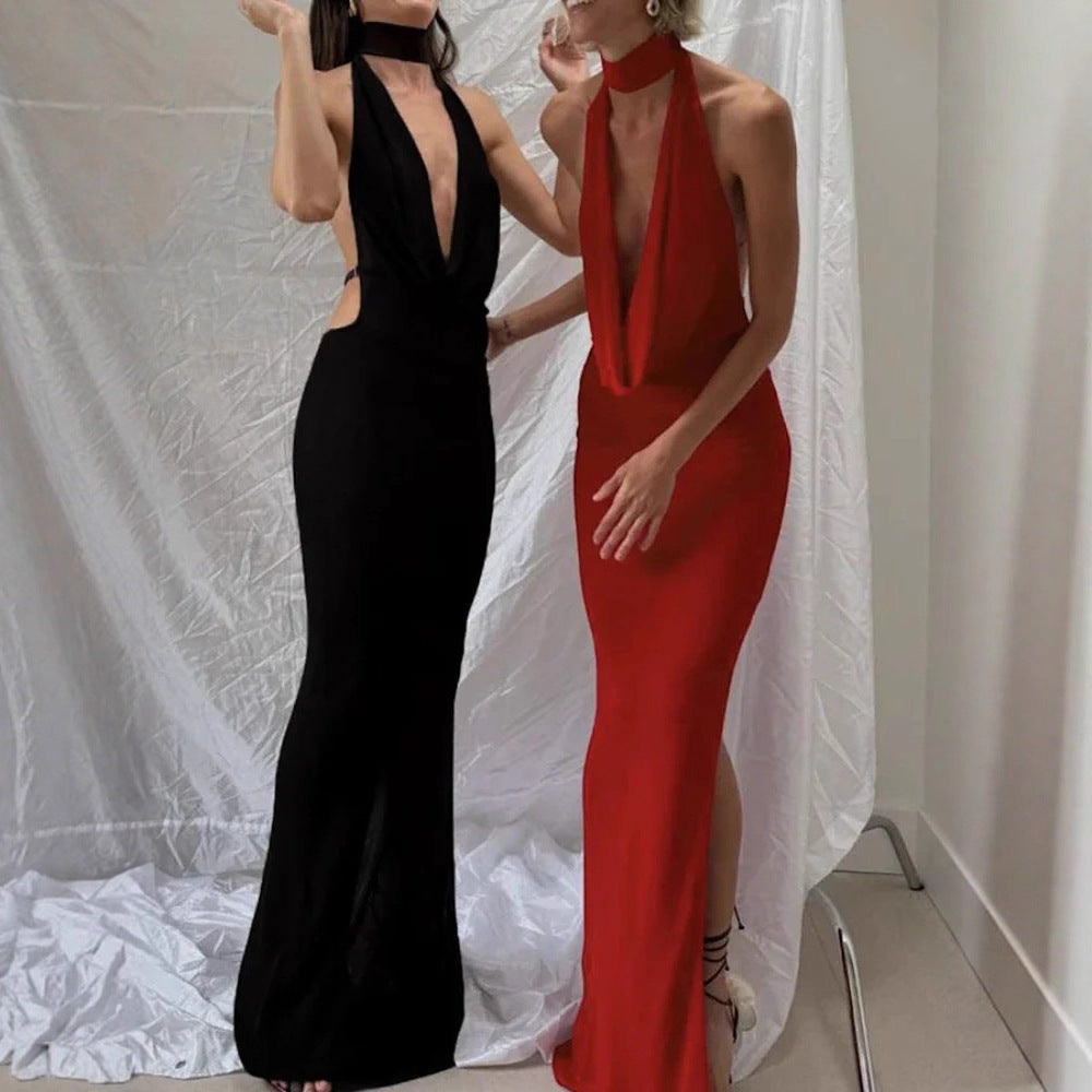 Damen elegantes Maxikleid mit tiefem Ausschnitt Sovae