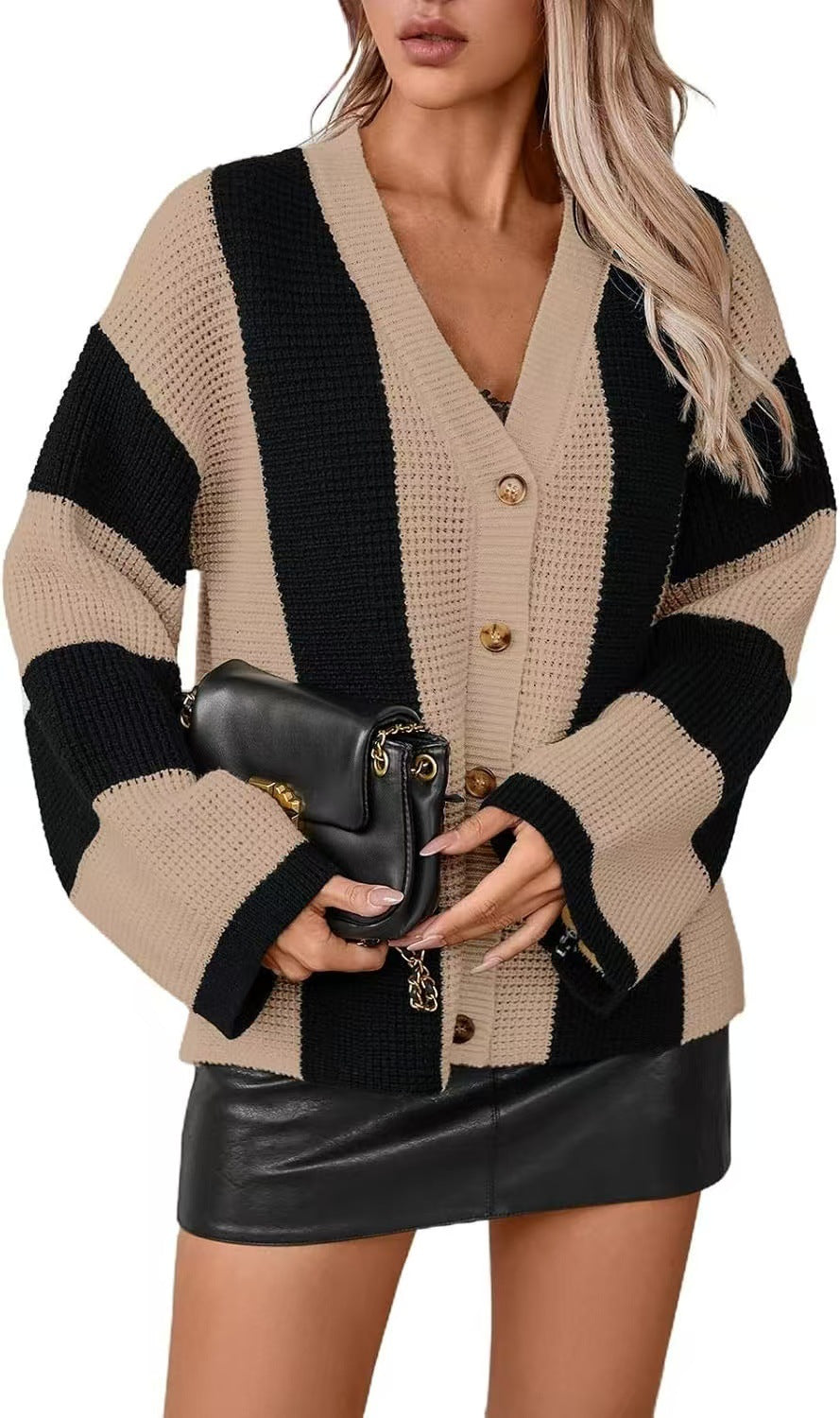 Damen stylische Strickjacke mit breiten Blockstreifen Sovae