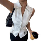 Damen Modische Bluse mit vertikalen Streifen und Knopfdetails Sovae