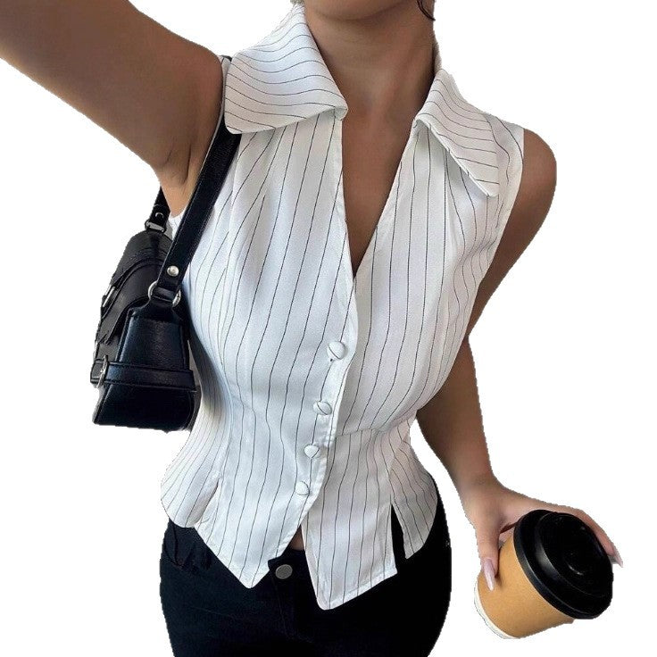 Damen Modische Bluse mit vertikalen Streifen und Knopfdetails Sovae