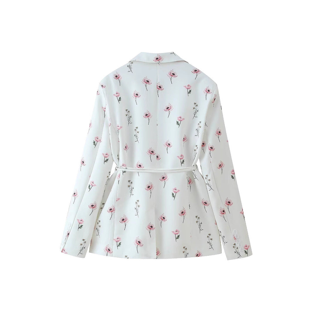 Damen stilvolle Blazerjacke mit floralem Design und tailliertem Gürtel Sovae