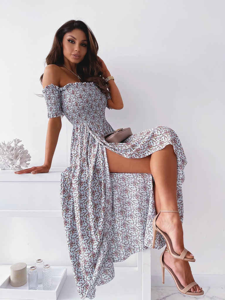 Damen Maxikleid mit schulterfreien Ärmeln und floraler Stoffstruktur Sovae