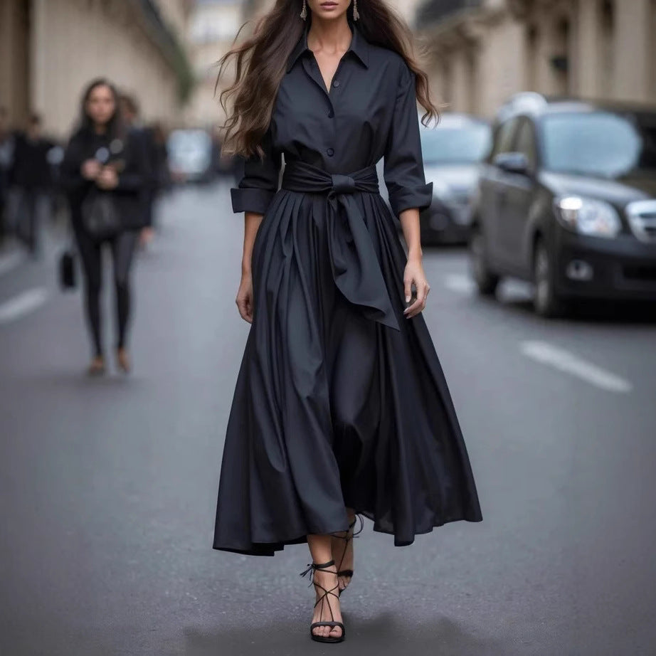 Damen Elegantes Langarm-Maxikleid mit Taillengürtel Sovae