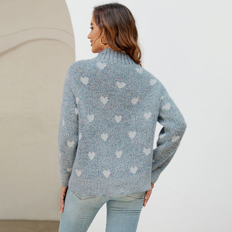 Damen modischer Strickpullover mit Herzmotiv und hohem Kragen Sovae