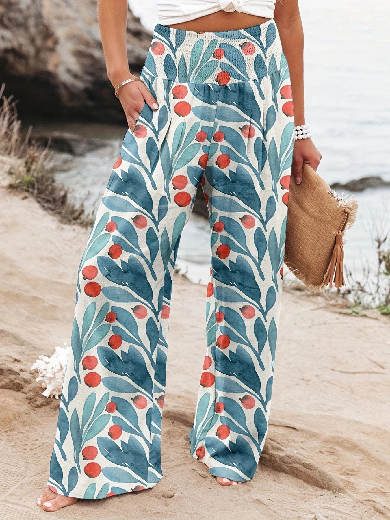 Damen Weit geschnittene Sommerhose mit floralem Print und elastischem Bund Sovae