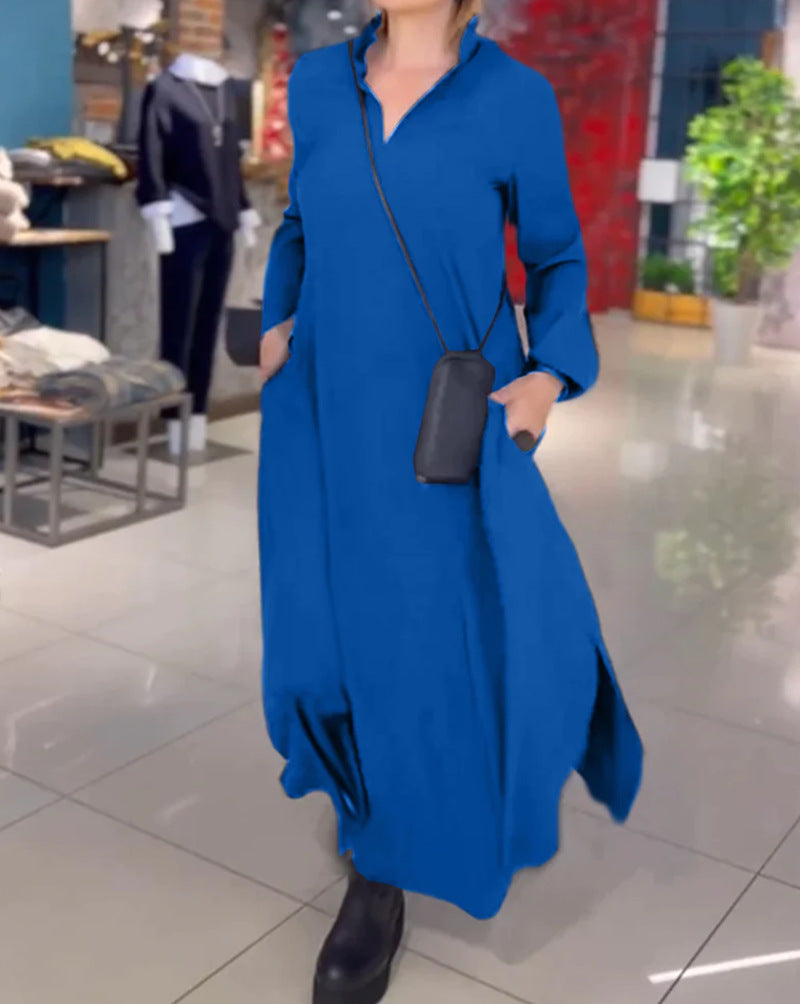 Damen lässiges Midi-Kleid mit praktischen Taschen und hoher Kragen Sovae