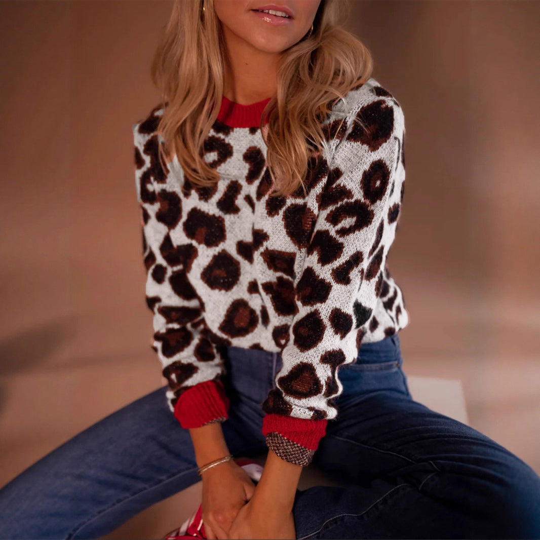 Damen modischer Pullover mit Leopardenmuster und kontrastierenden Bündchen Sovae