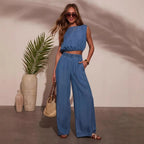 Damen lässiger Denim Jumpsuit mit cropped Oberteil Sovae