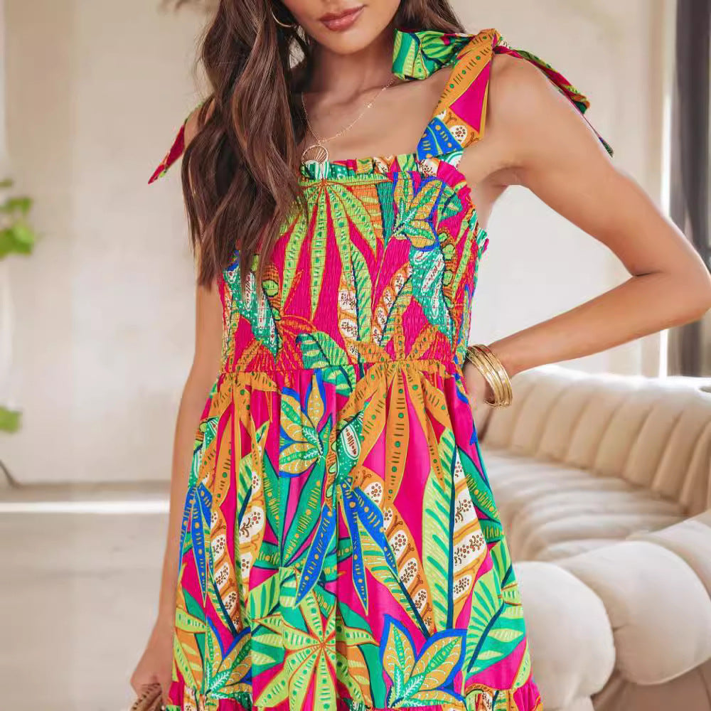 Damen Maxi-Kleid mit floralen Mustern und Trägerdetails Sovae