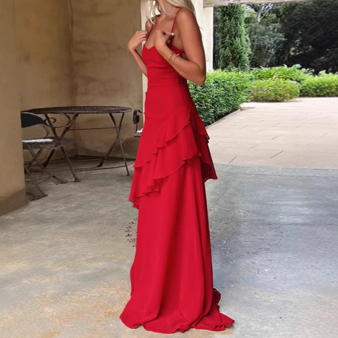 Damen Elegantes Maxikleid mit asymmetrischem Rüschensaum und spaghetti Trägern Sovae