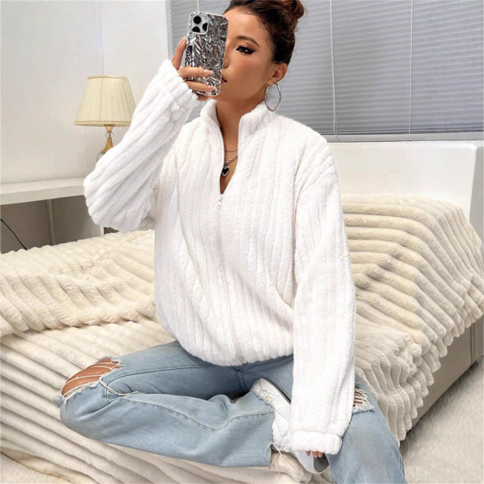 Damen weiche Fleecejacke mit hohem Kragen und Reißverschluss Sovae