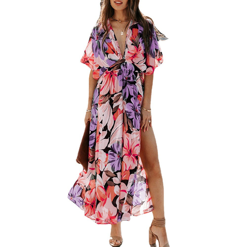Damen Maxikleid mit tiefem V-Ausschnitt und seitlichem Schlitz Sovae