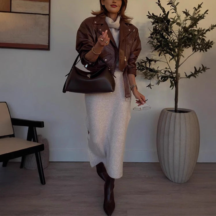 Damen Maxi-Strickkleid mit Rollkragen und Schlitz Sovae