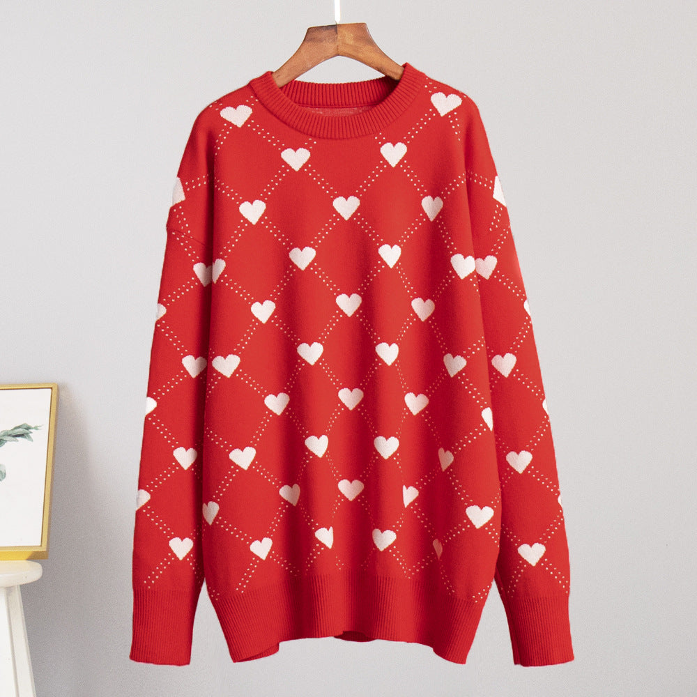 Damen Gemusterter Strickpullover mit Herzmotiv und lässigem Schnitt Sovae