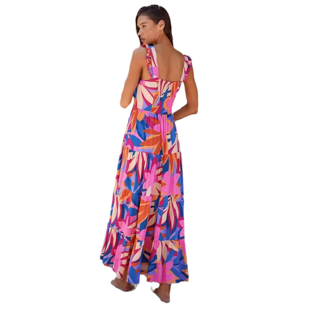 Damen luftiges Maxikleid mit buntem Blütenmuster und Rüschendetails Sovae