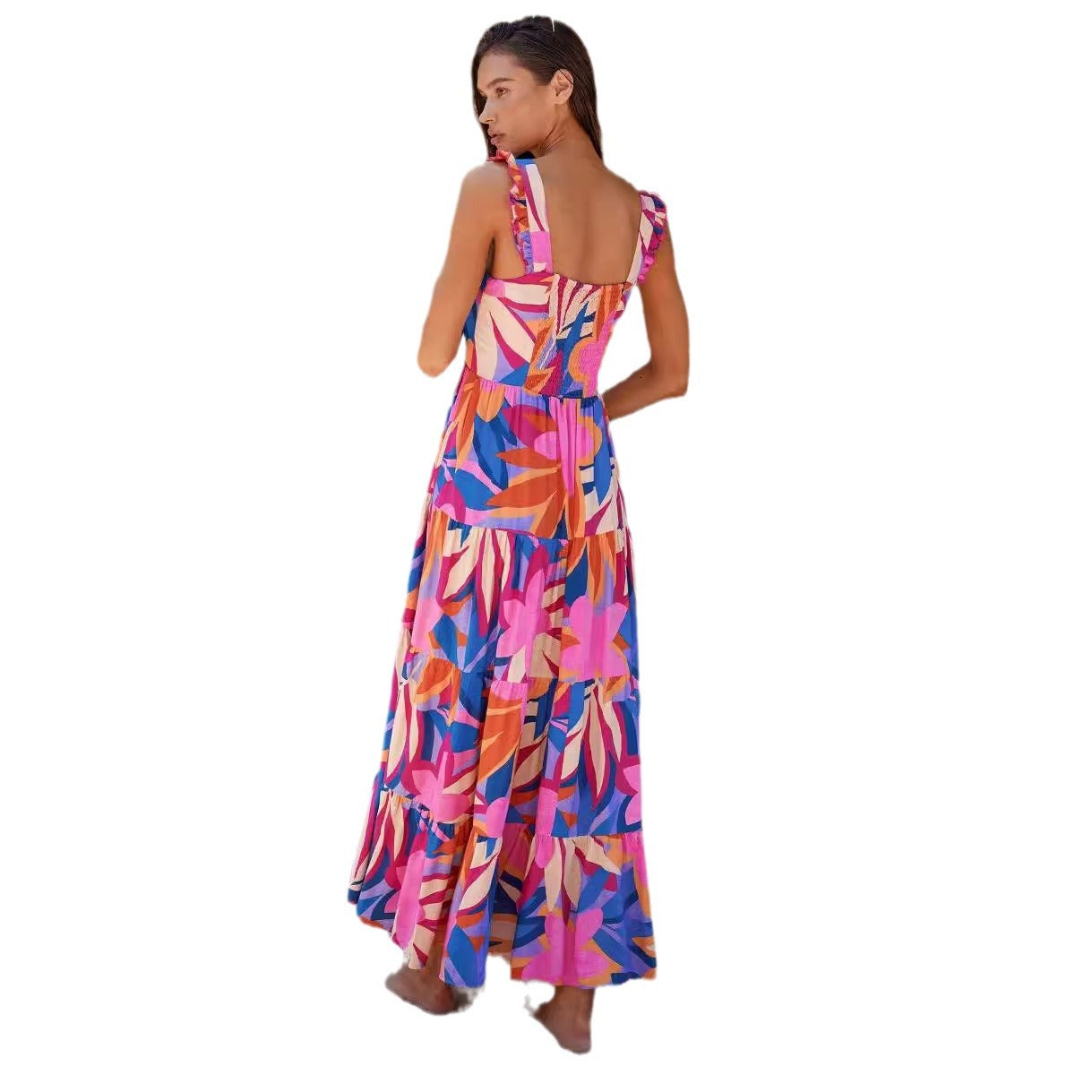 Damen luftiges Maxikleid mit buntem Blütenmuster und Rüschendetails Sovae