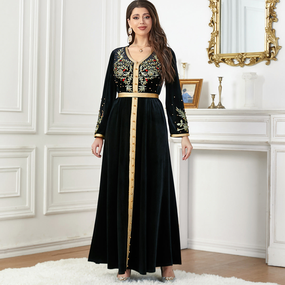 Damen Luxuriöses Samt-Kleid mit kunstvoller Bestickung Sovae