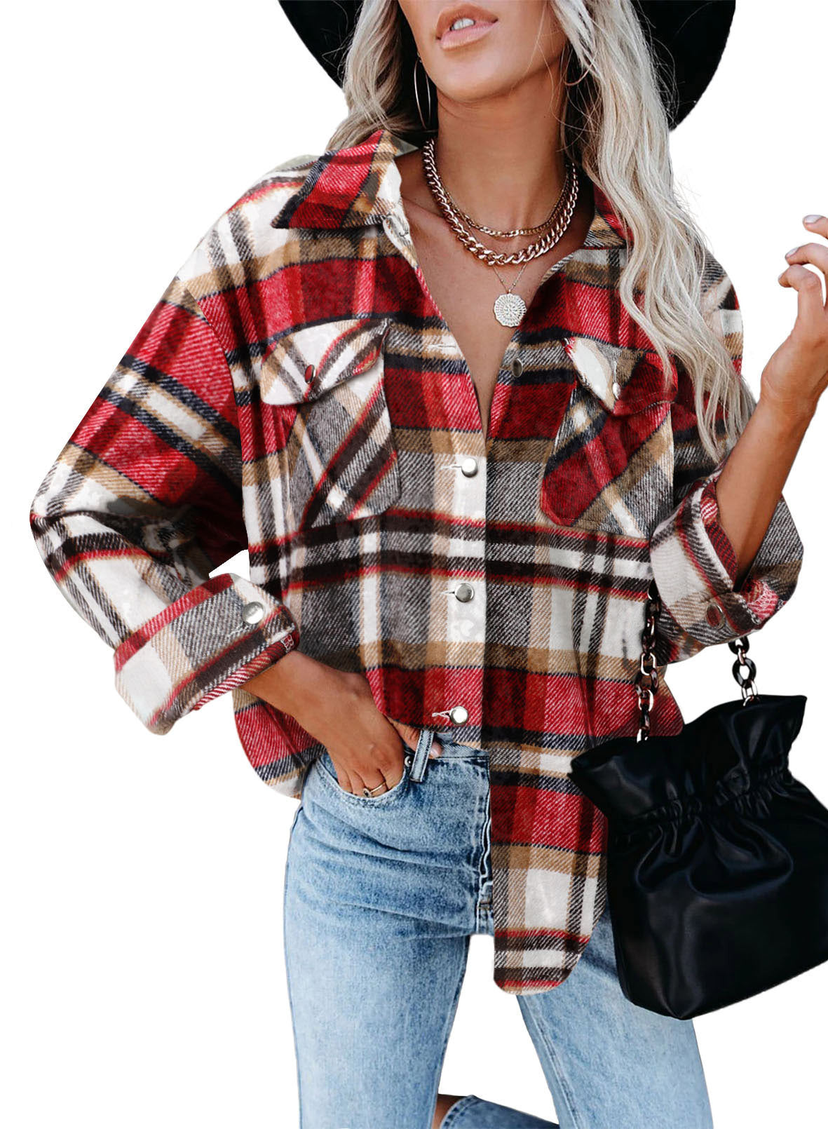 Damen Karo-Hemdenjacke im Oversized-Stil mit Druckknopfverschluss Sovae
