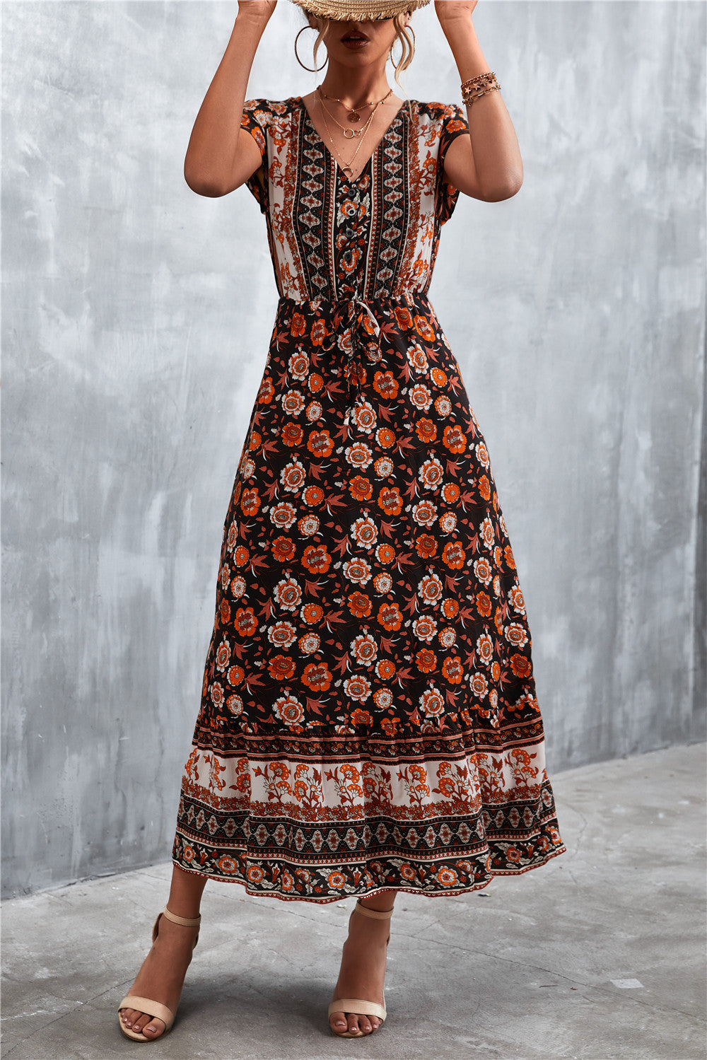 Damen Boho Maxikleid mit floralem Muster und elastischem Taillenzug Sovae