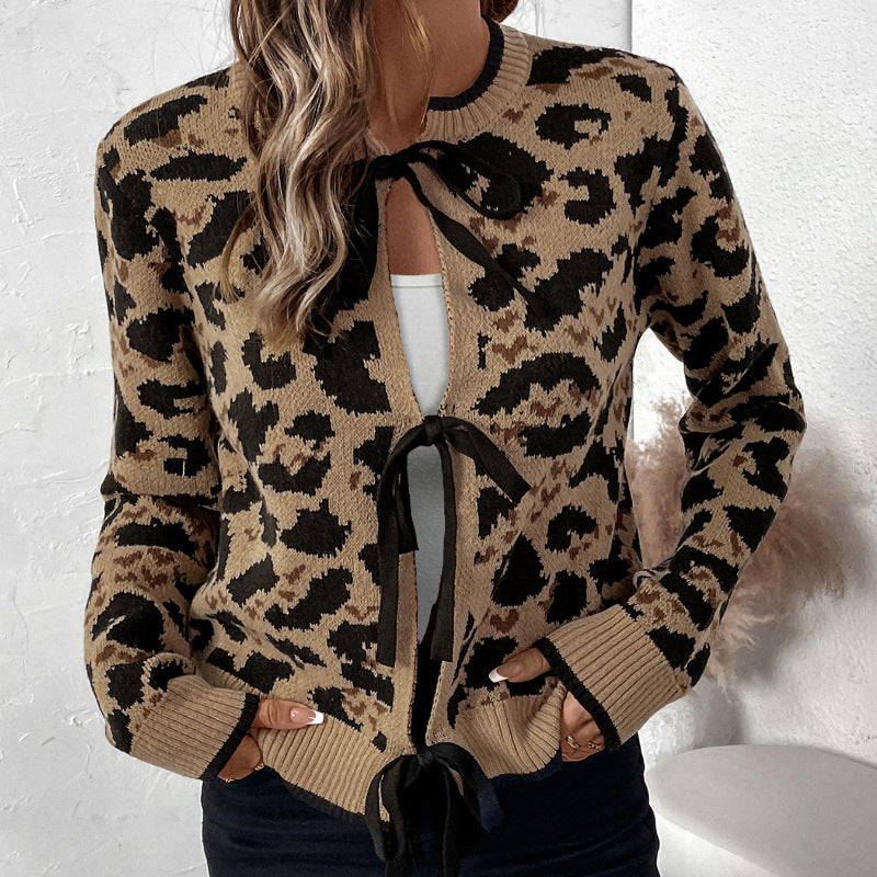 Damen Leo-Muster Strickjacke mit Bändern Sovae