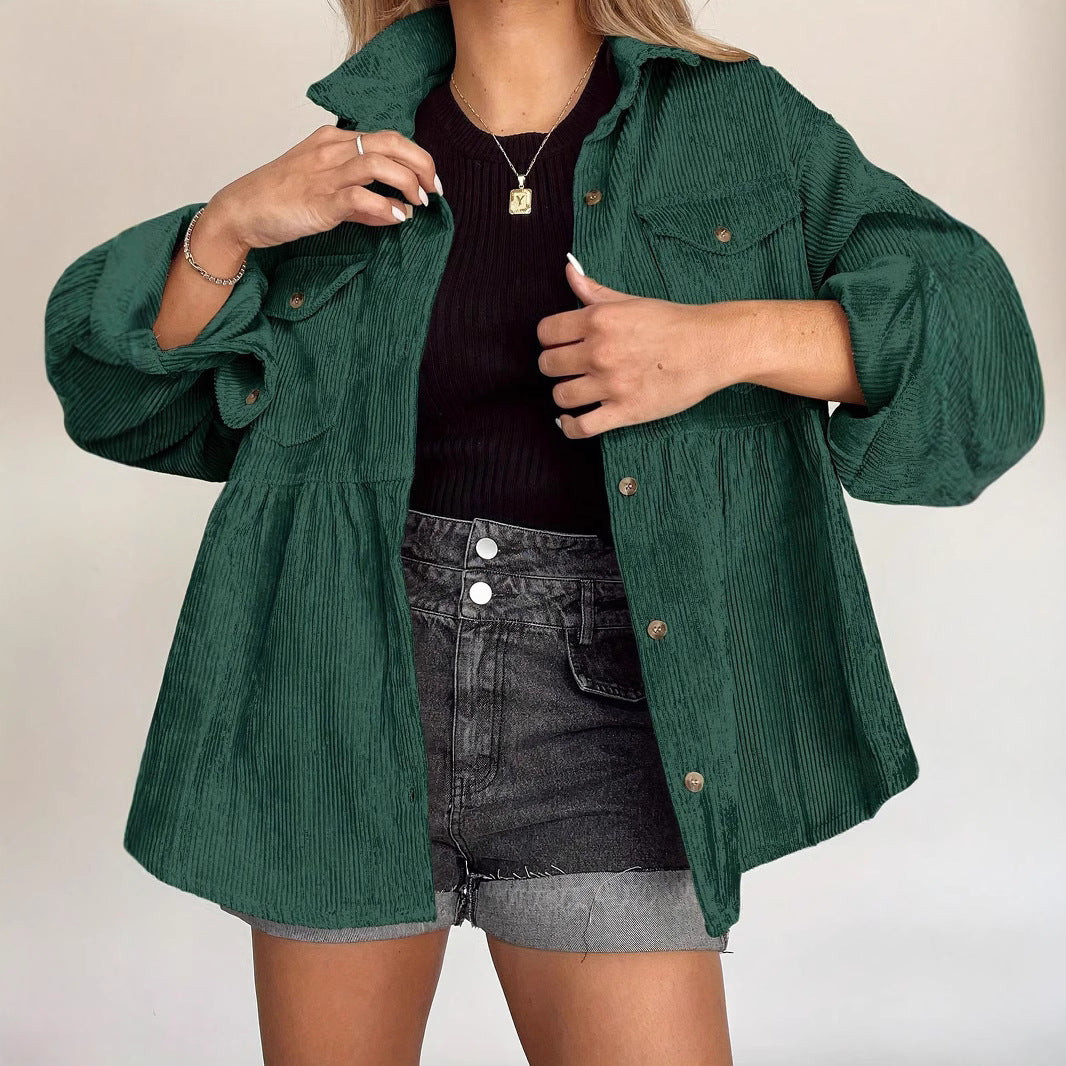 Damen Oversized Cordjacke mit Knopfdetail und aufgesetzten Taschen Sovae