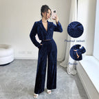 Damen eleganter Velours Jumpsuit mit seitlichem Reißverschluss Sovae