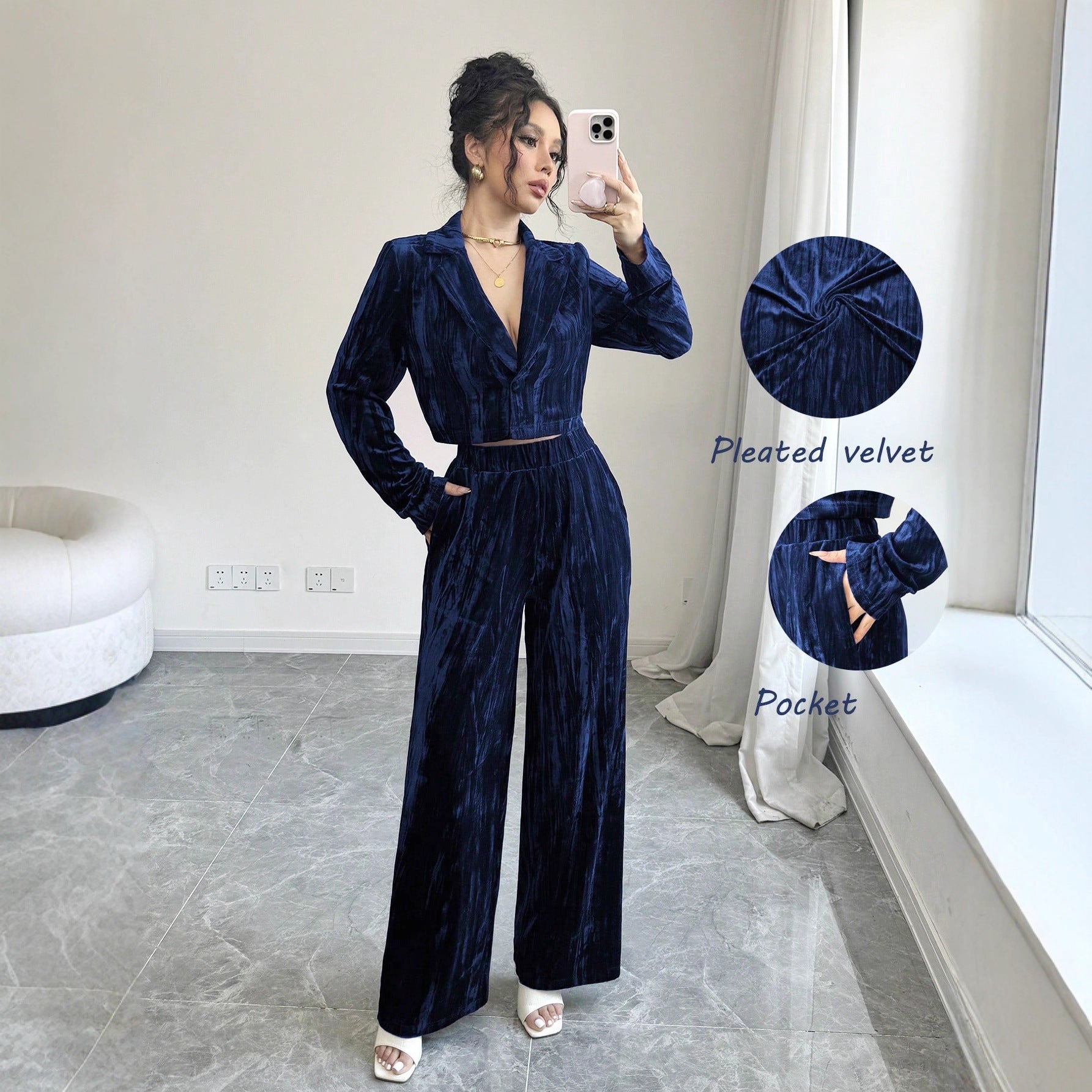 Damen eleganter Velours Jumpsuit mit seitlichem Reißverschluss Sovae