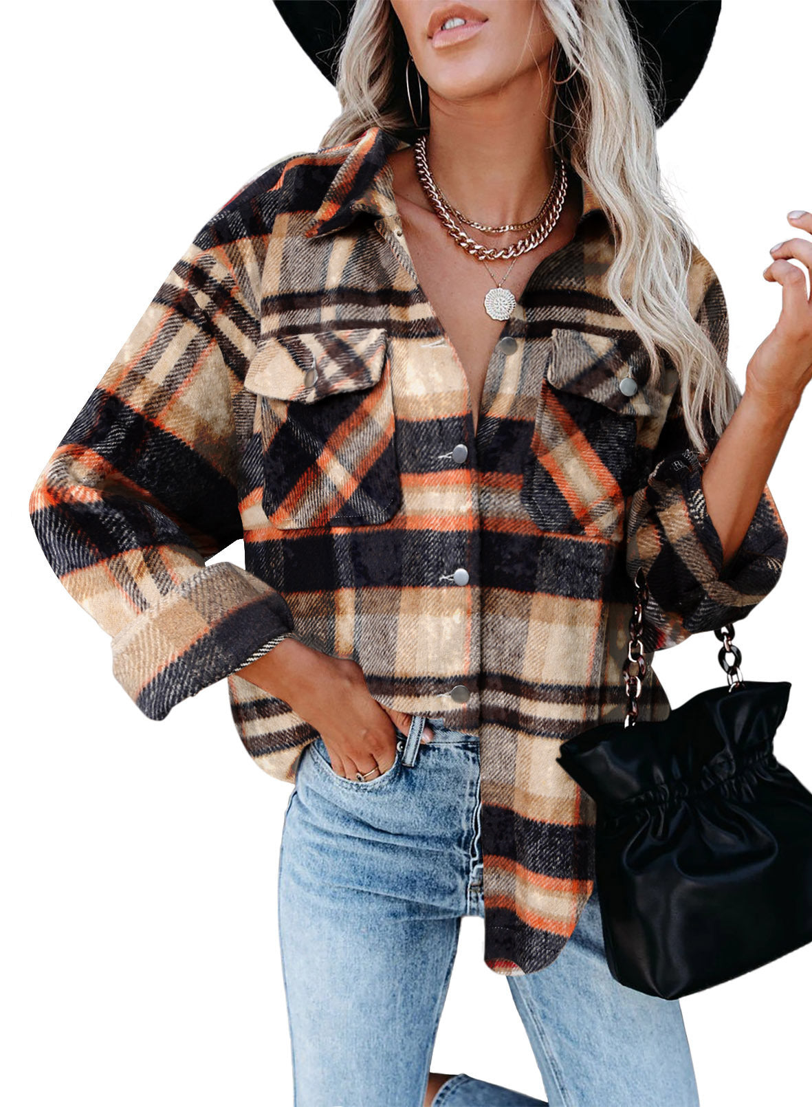 Damen Karo-Hemdenjacke im Oversized-Stil mit Druckknopfverschluss Sovae